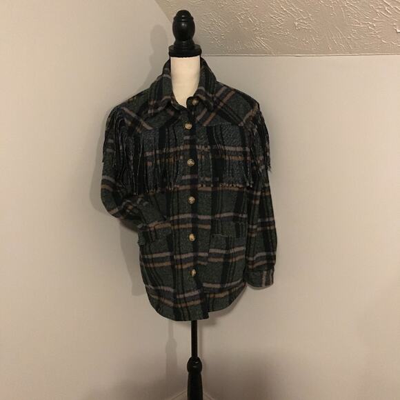 Anthropologie [BlankNYC] Green Plaid Fringe Shacket Jacket - Size Medium - NWT - Picture 2 of 12